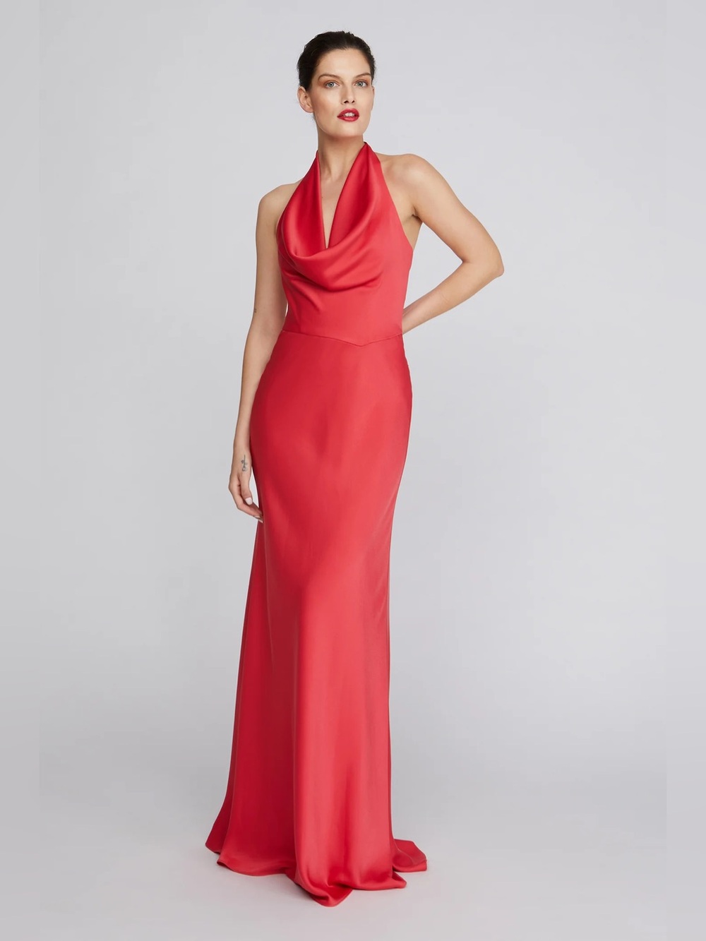 Halston Marcheline Red Halter Cowl-Neck Gown